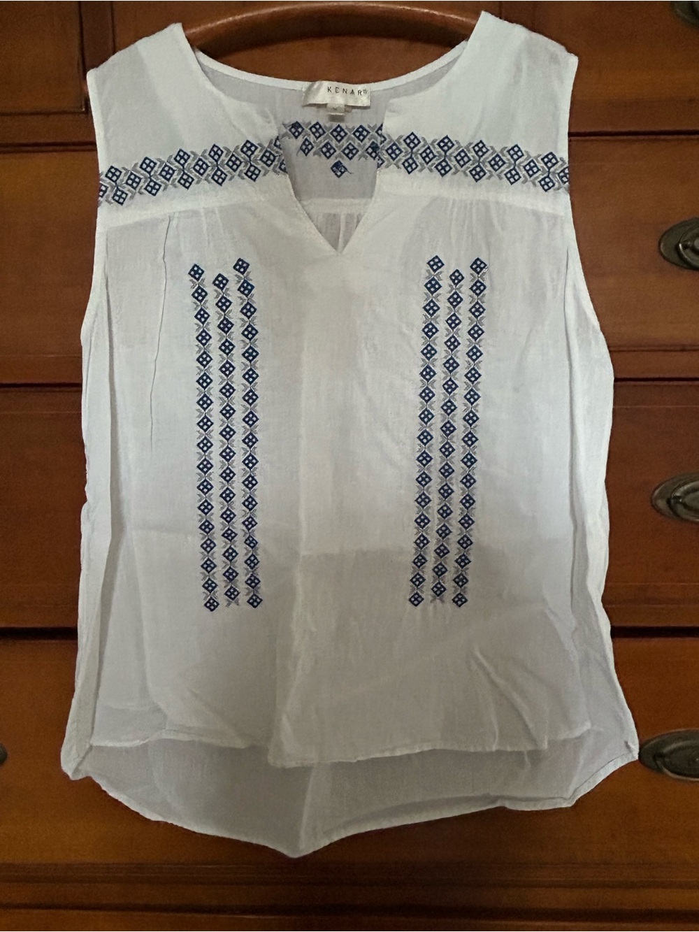 Kenar White Sleeveless Top with Navy Diamond Embroidery